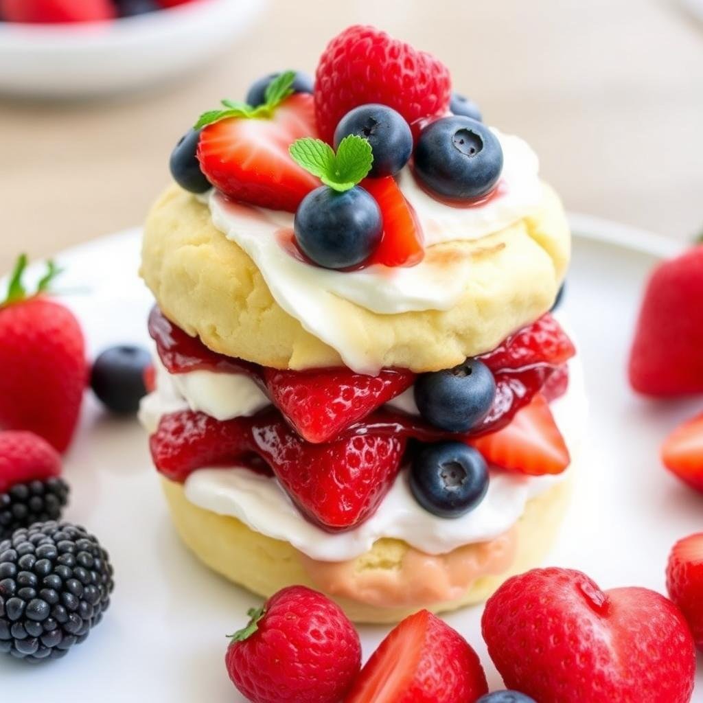 Cherry jam strawberry shortcake with an assortment of mixed berries including blueberries and raspberries Cherry jam strawberry shortcake with an assortment of mixed berries including blueberries and raspberries