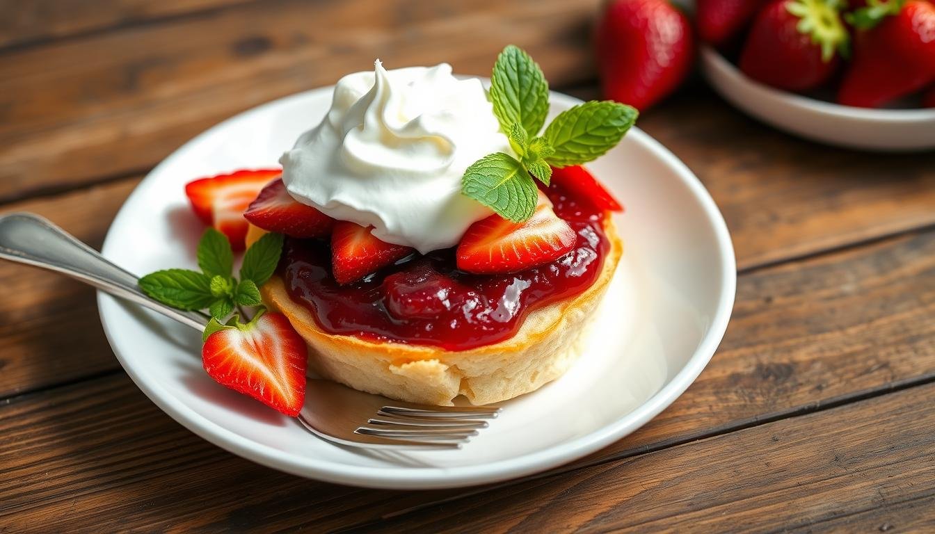 Cherry jam strawberry shortcake with layers of golden shortcake, bright red cherry jam, fresh strawberries, and whipped cream on a decorative plate