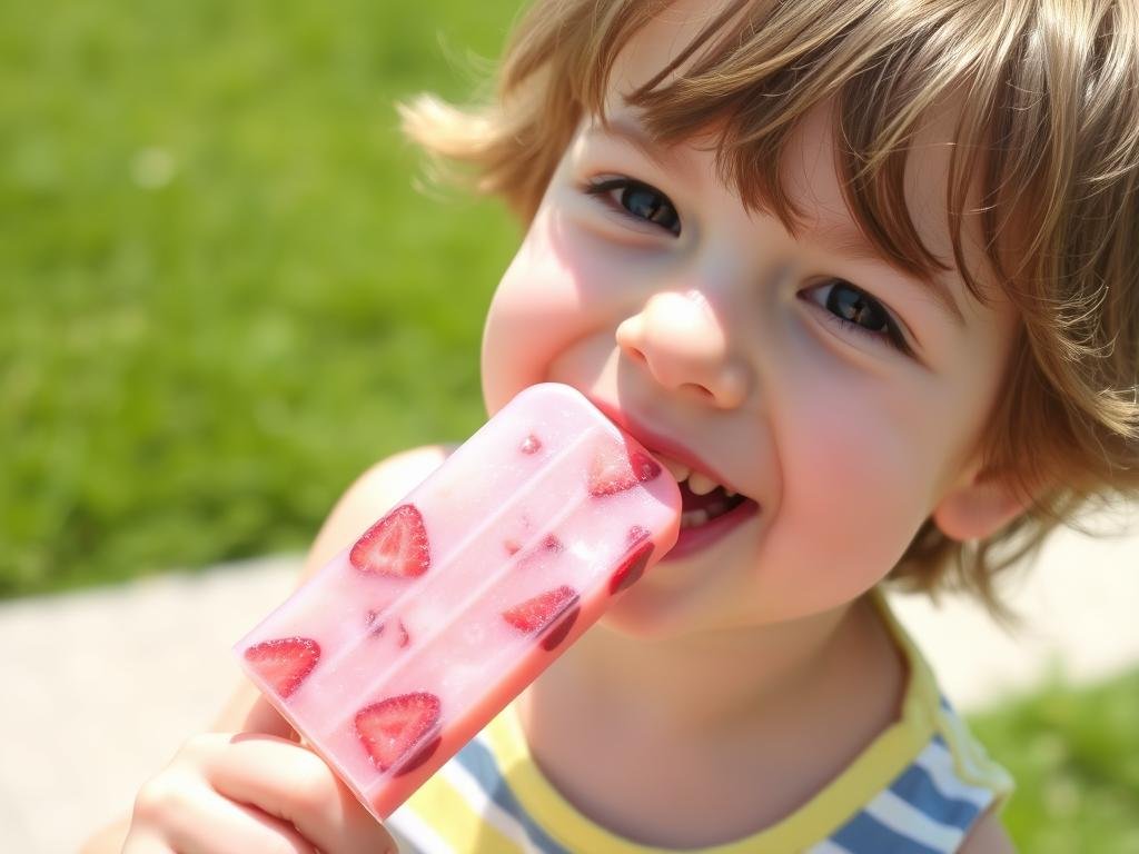 Child enjoying a homemade strawberry popsicle outdoors