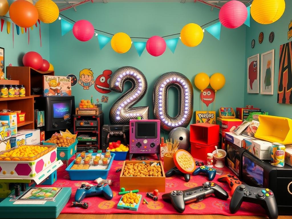 Childhood favorites themed 20th birthday with nostalgic games and decorations