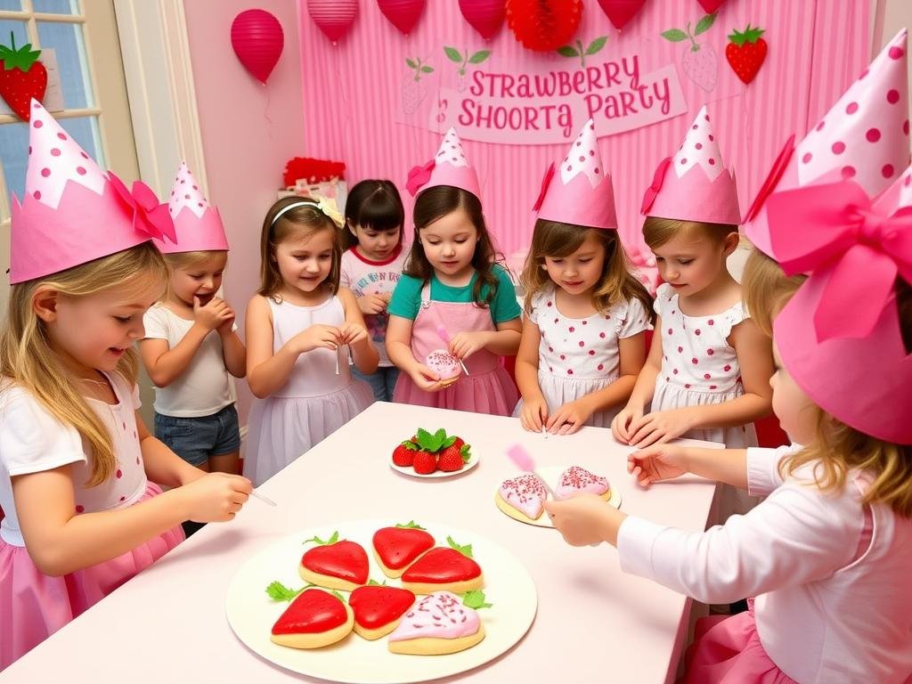 Children playing strawberry-themed party games including a strawberry hunt and decorating activities