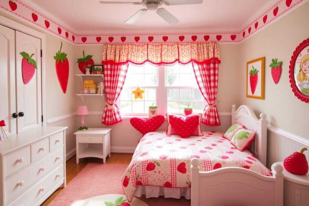 Child's bedroom decorated with strawberry shortcake theme featuring strawberry-shaped pillows and red and green decor