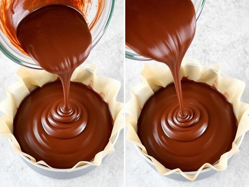 Chocolate cake batter being poured into cake pans