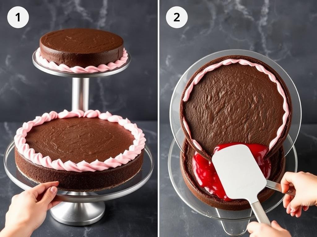 Chocolate strawberry cake being assembled with filling