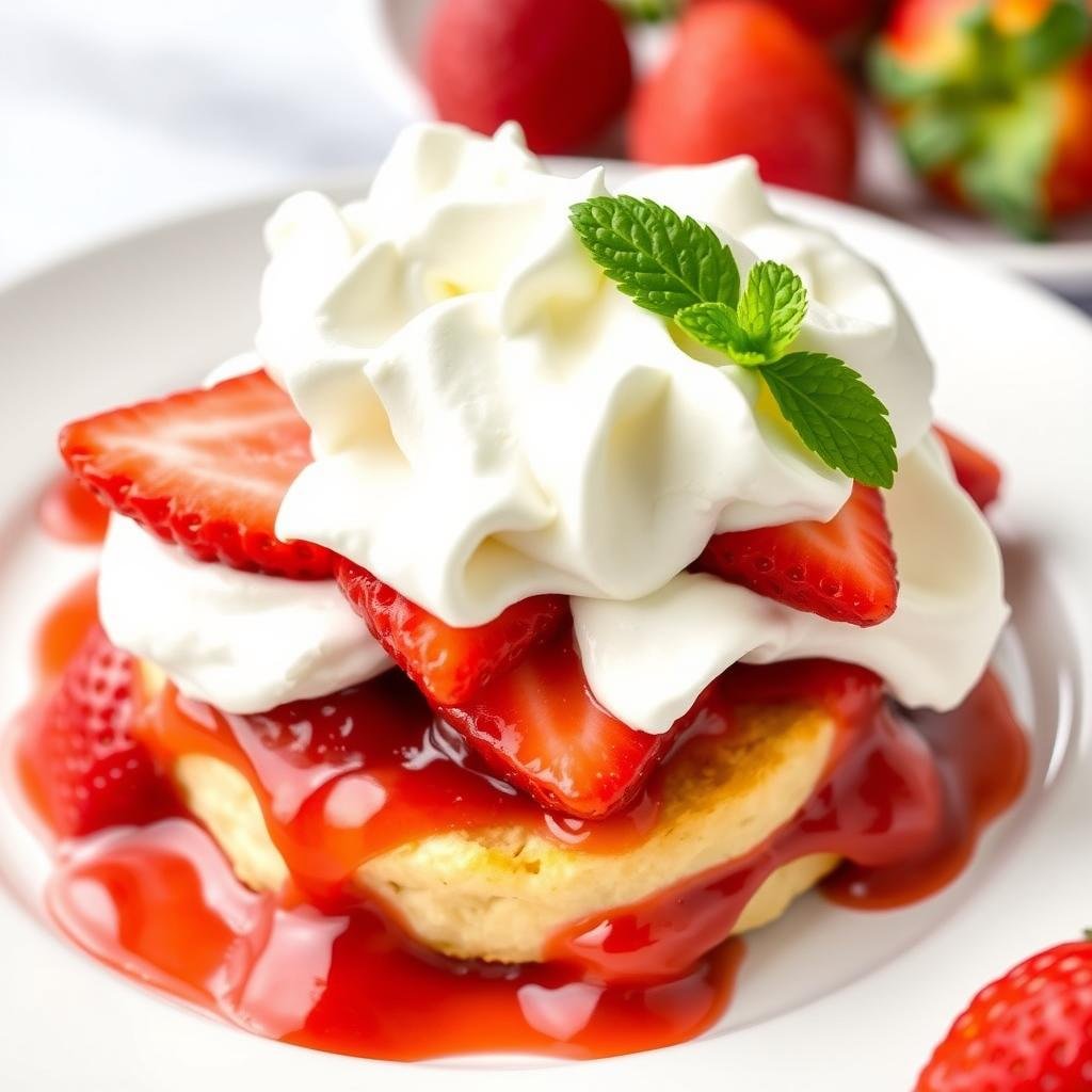 Classic American strawberry shortcake with whipped cream