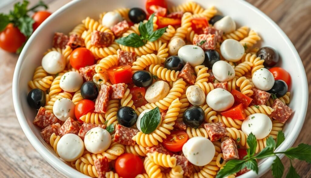 Classic Antipasto Italian Pasta Salad with rotini pasta, salami, mozzarella, olives, and vegetables