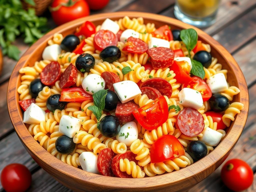Classic Italian pasta salad with pepperoni, cheese, and vegetables