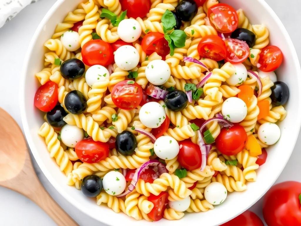 Classic Italian pasta salad with rotini pasta, cherry tomatoes, mozzarella, olives, and Italian dressing