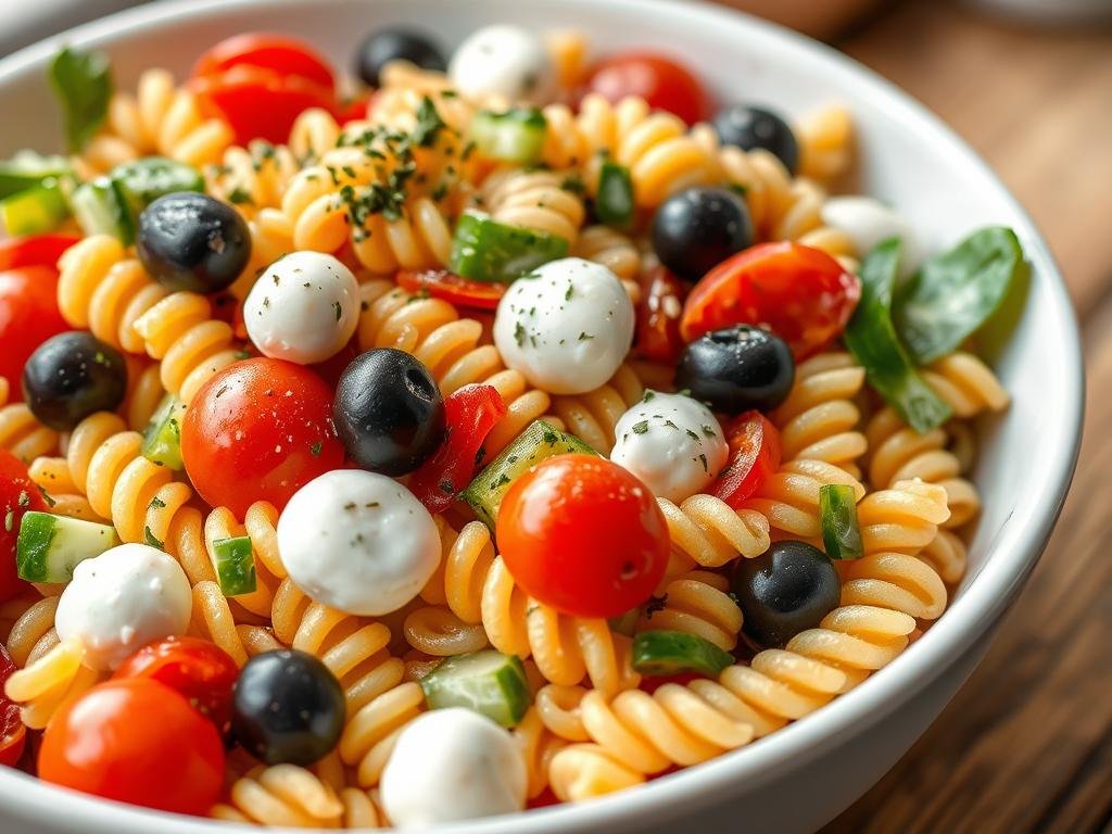 Classic Italian pasta salad with rotini, vegetables, and Italian dressing in a white bowl