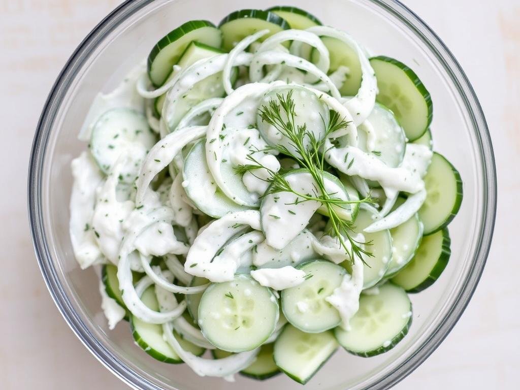 Classic cucumber salad with sour cream dressing in a glass bowl