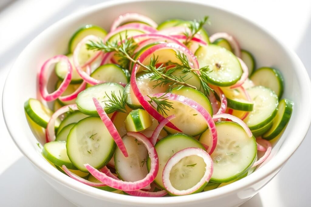 Classic healthy cucumber salad with dill and red onion in a white bowl
