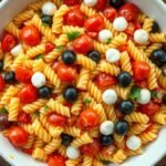 Pasta Salad Recipes with Italian Dressing: Perfect for Every Occasion Classic pasta salad with Italian dressing featuring tri-color rotini, cherry tomatoes, bell peppers, black olives, and mozzarella pearls