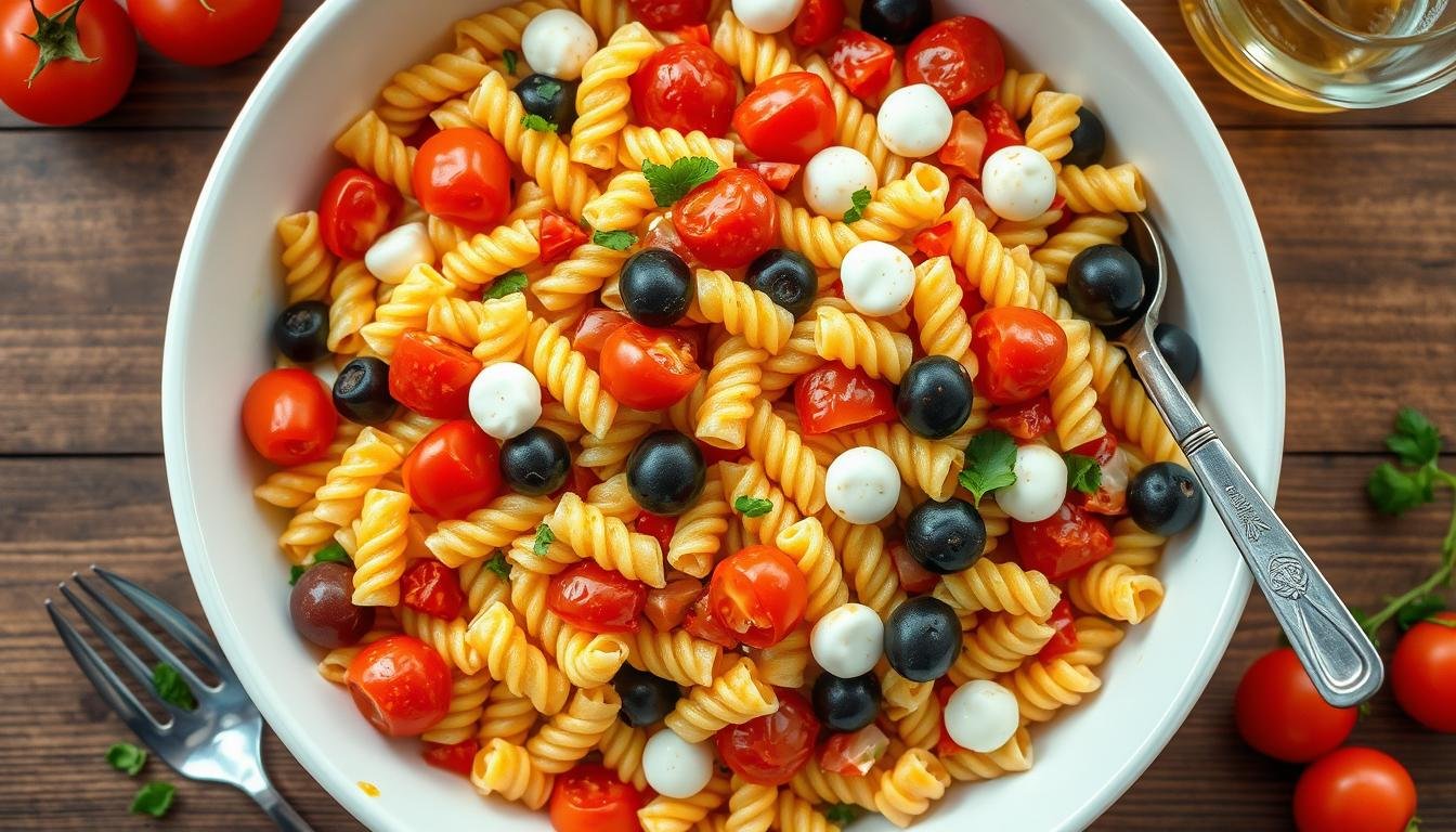 Classic pasta salad with Italian dressing featuring tri-color rotini, cherry tomatoes, bell peppers, black olives, and mozzarella pearls