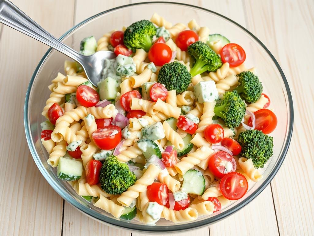 Classic ranch pasta salad in a large serving bowl with a serving spoon Classic ranch pasta salad in a large serving bowl with a serving spoon