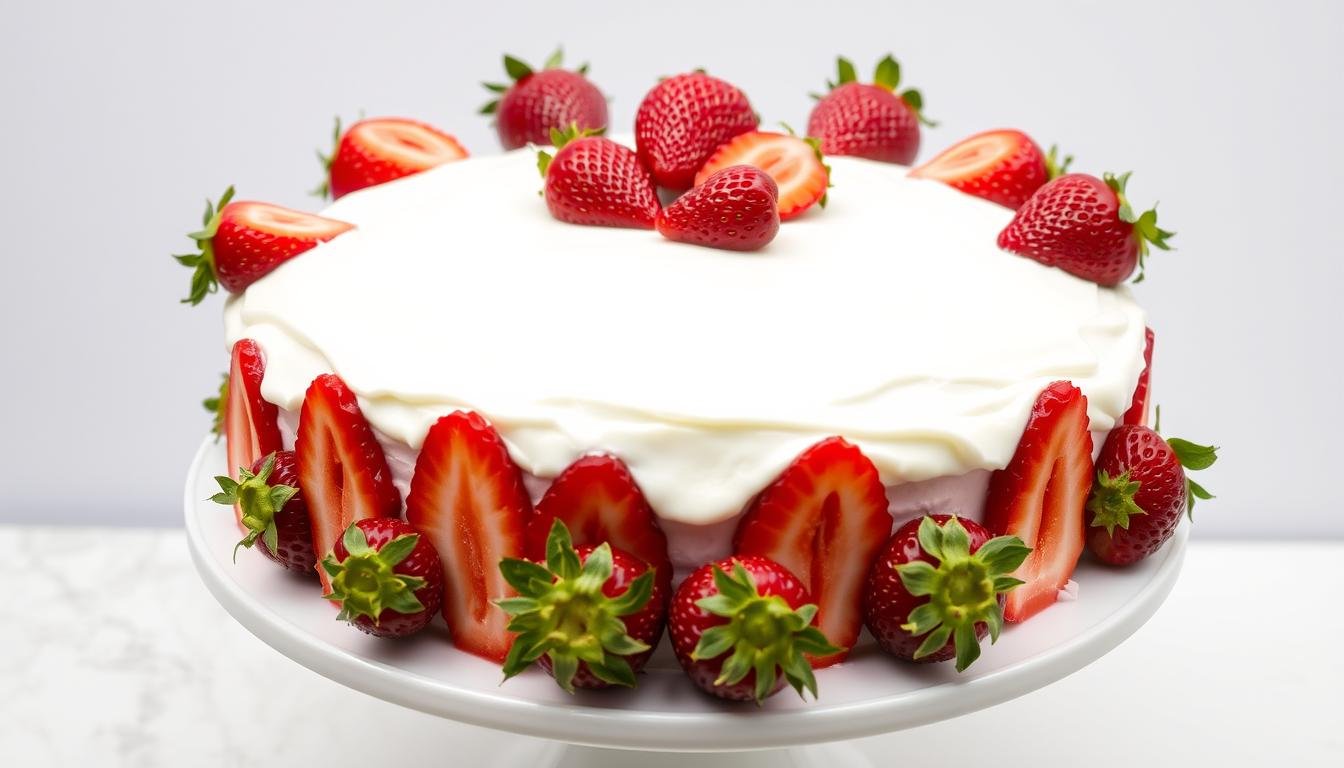 Classic strawberry cake with fresh strawberries arranged in a circular pattern on top of white frosting
