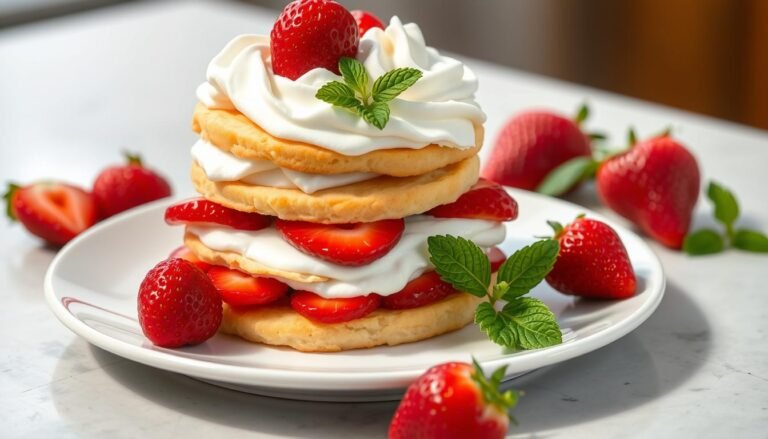 Classic strawberry shortcake dessert with fresh berries and whipped cream
