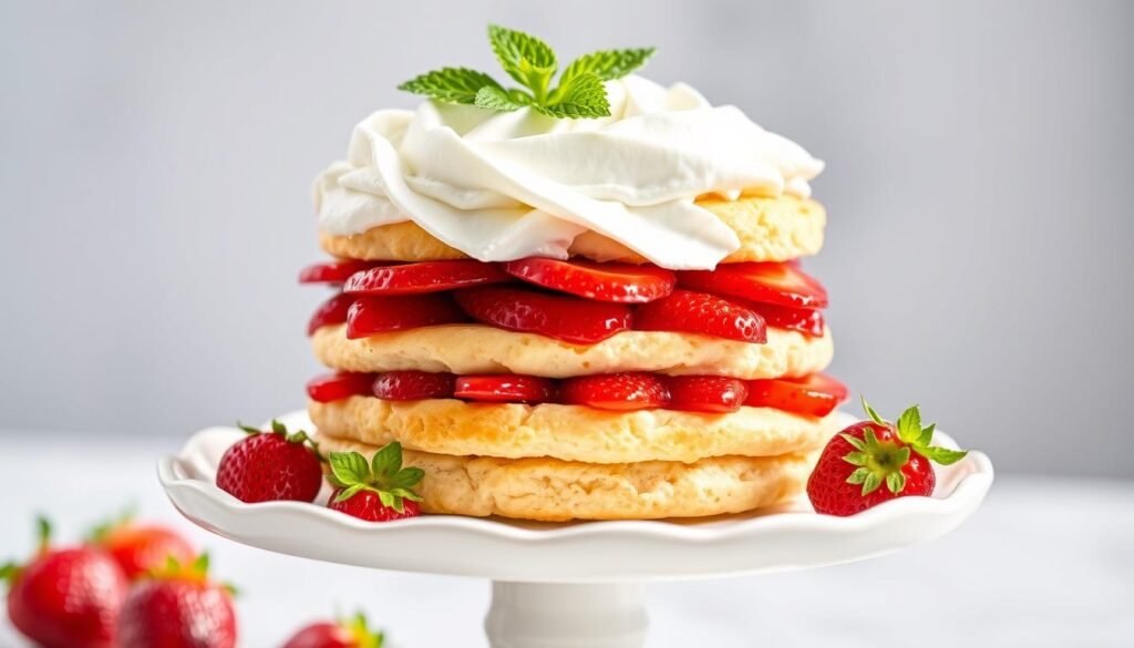 Classic strawberry shortcake dessert with layers of cake, fresh strawberries, and whipped cream
