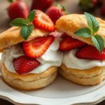 Classic strawberry shortcake with fresh berries and whipped cream on a decorative plate