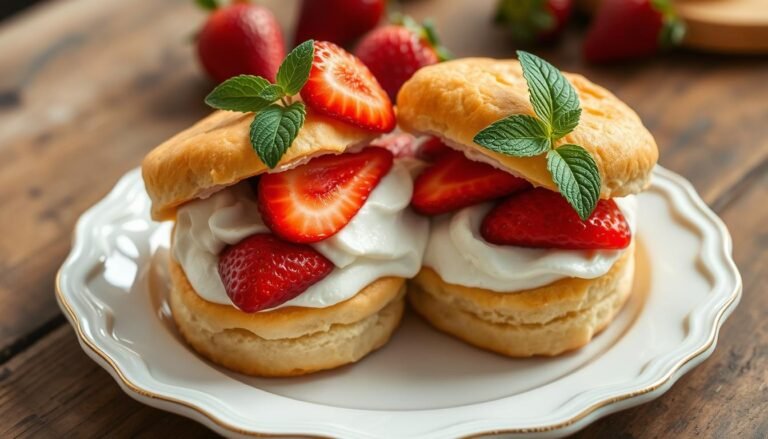 Classic strawberry shortcake with fresh berries and whipped cream on a decorative plate