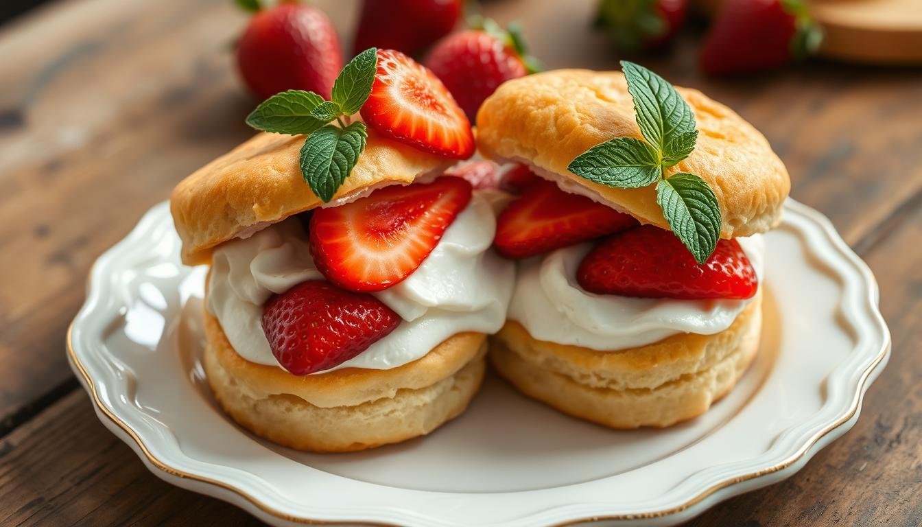 Classic strawberry shortcake with fresh berries and whipped cream on a decorative plate