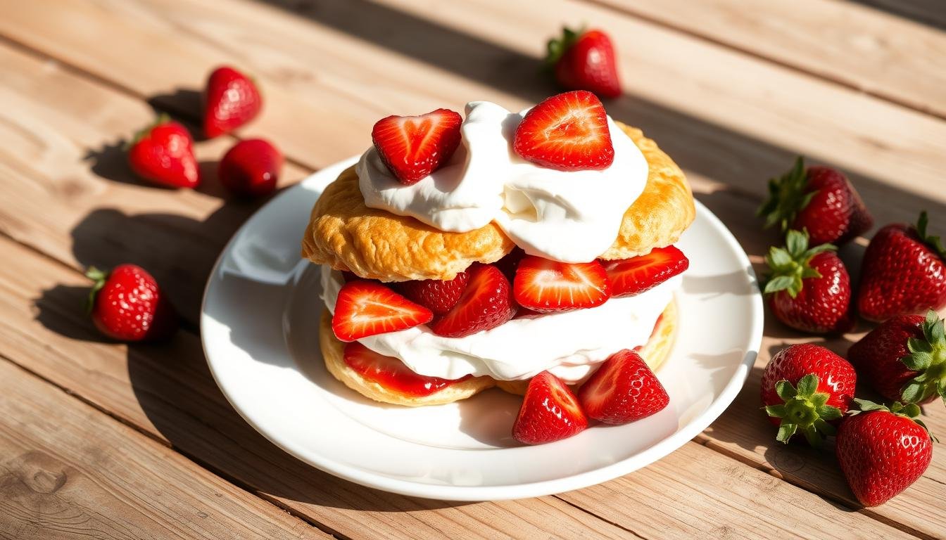 Classic strawberry shortcake with fresh strawberries and whipped cream on a white plate