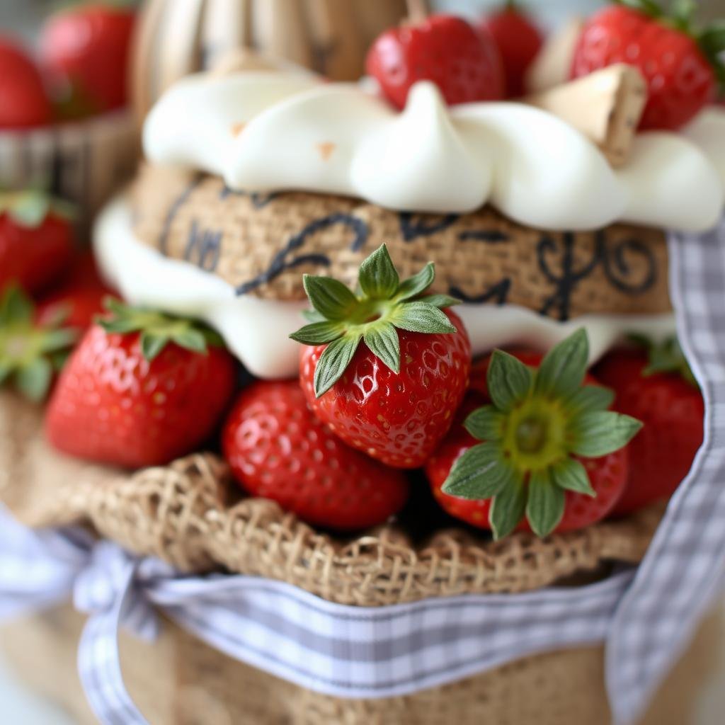 Close-up detail of rustic strawberry shortcake centerpiece showing texture and materials