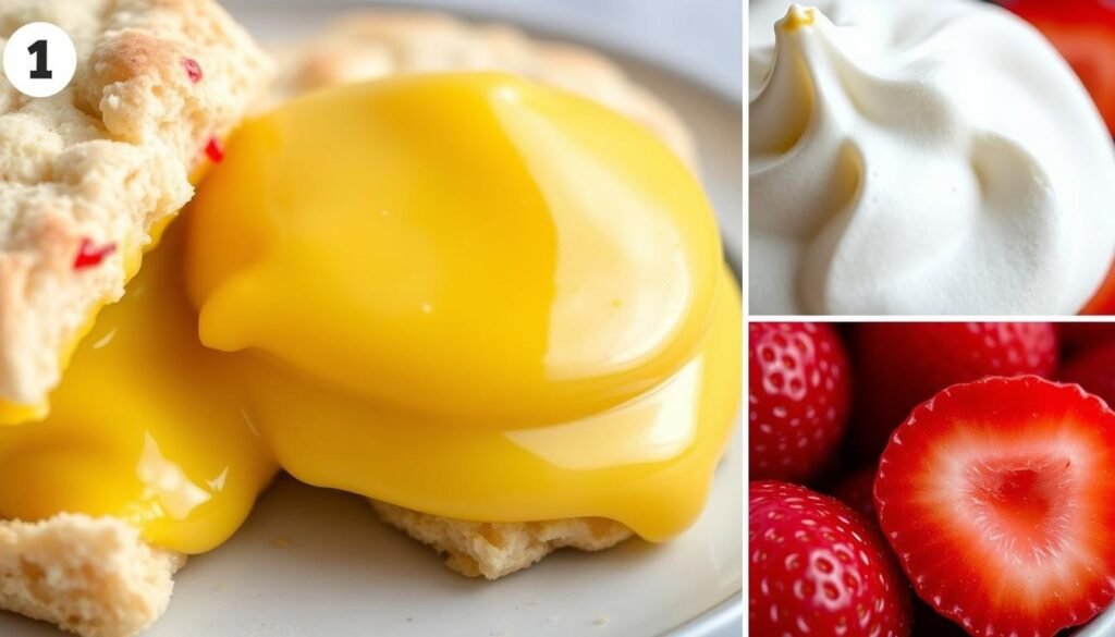 Close-up details of perfectly executed elements of lemon meringue strawberry shortcake including flaky biscuits, smooth lemon curd, and toasted meringue peaks