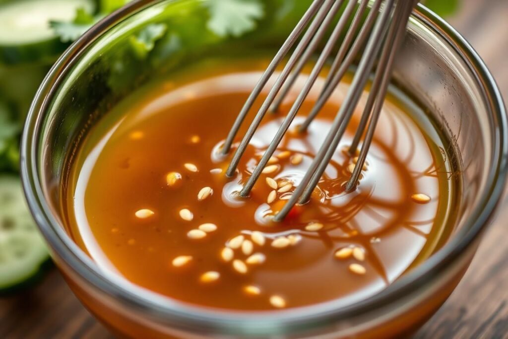 Close-up of Asian cucumber salad dressing being whisked in a small bowl Close-up of Asian cucumber salad dressing being whisked in a small bowl