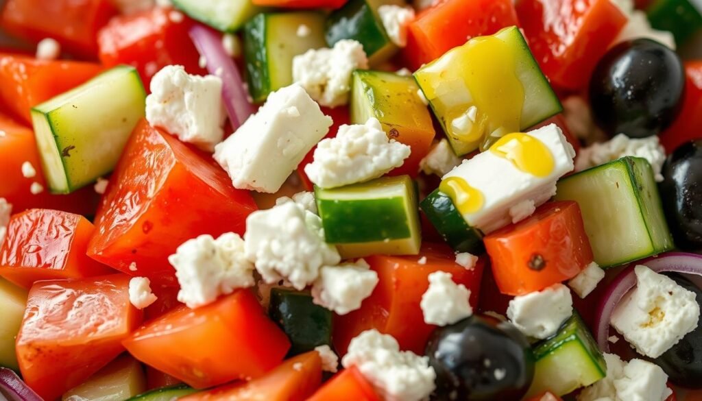 Close-up of Greek cucumber salad ingredients highlighting their fresh, nutritious qualities