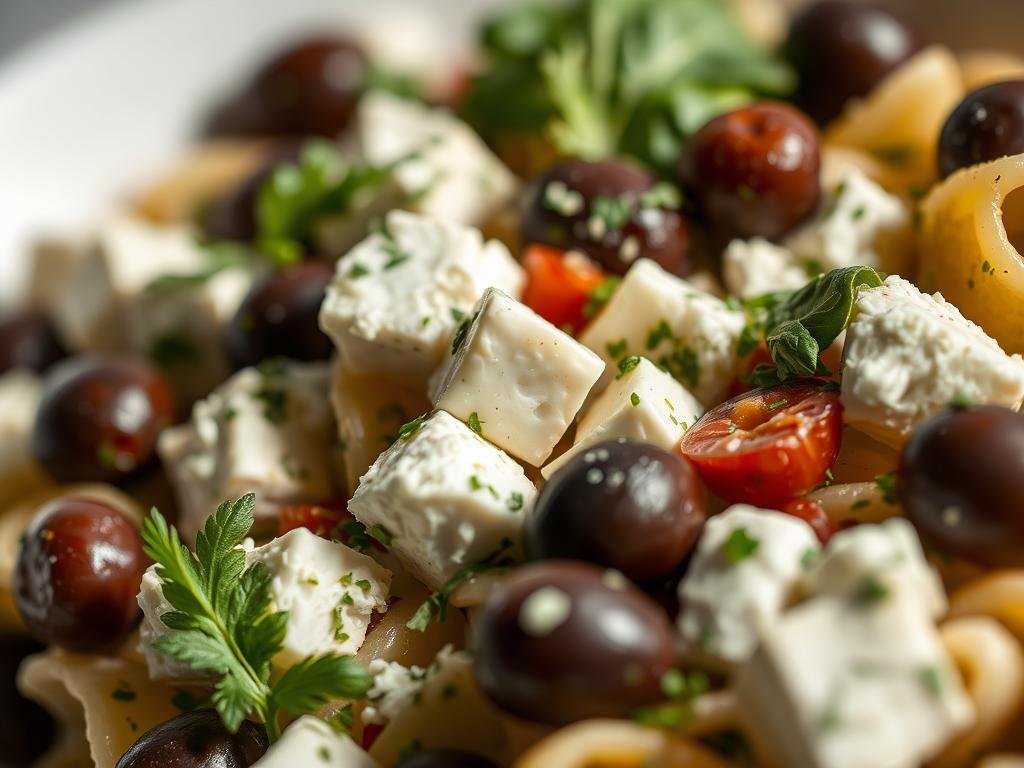 Close-up of Greek pasta salad showing feta cheese and fresh herbs