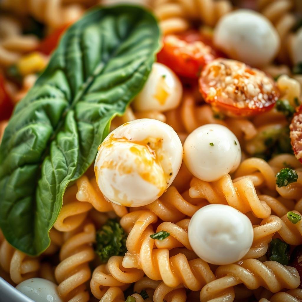 Close-up of Italian chicken pasta salad showing mozzarella pearls and herbs