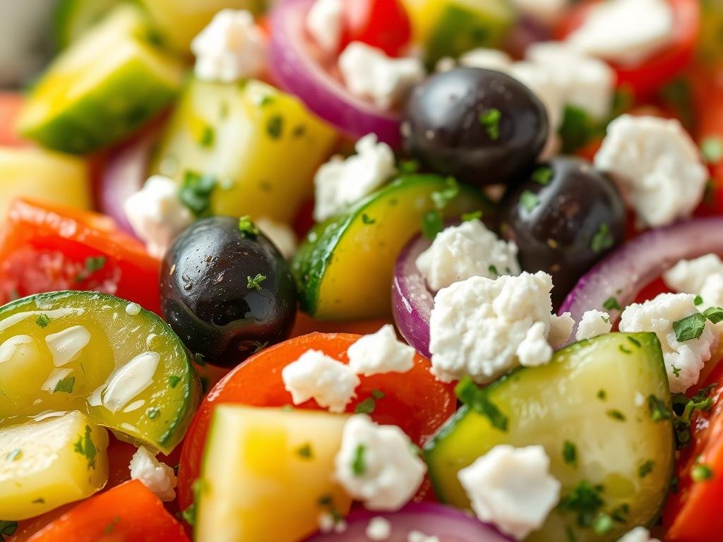 Close-up of Mediterranean cucumber salad showing texture and ingredients Close-up of Mediterranean cucumber salad showing texture and ingredients