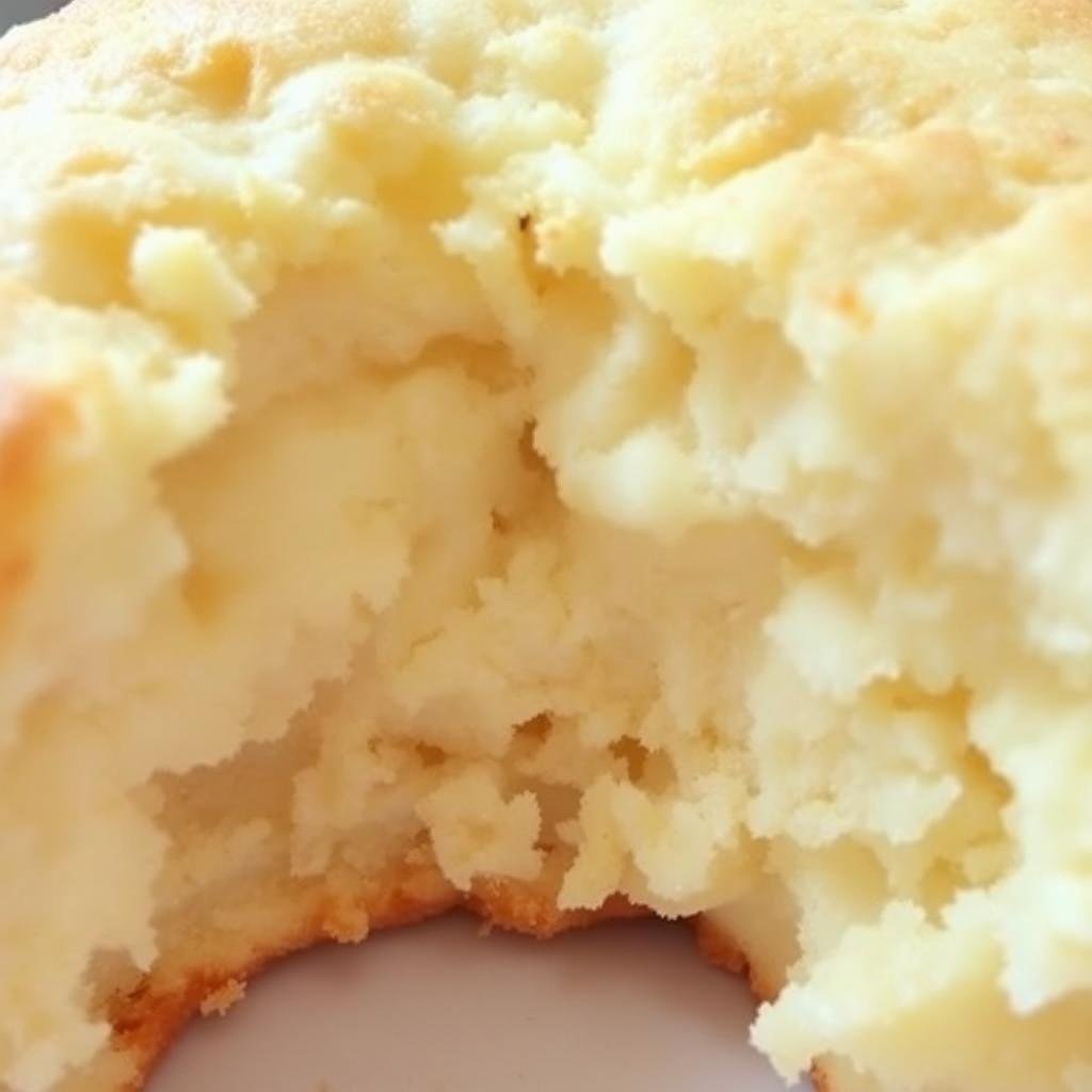 Close-up of a freshly baked Bisquick shortcake biscuit showing its flaky, golden texture
