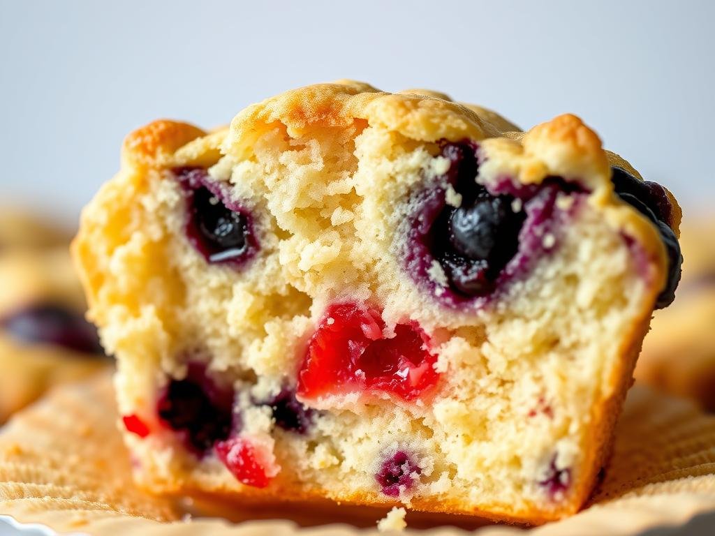 Close-up of a strawberry shortcake blueberry muffin cut in half showing the berries inside