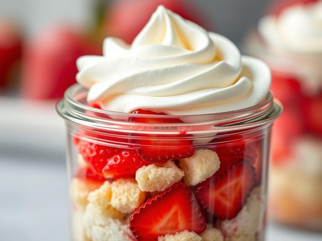 Close-up of a strawberry shortcake cup showing distinct layers of cake, strawberries, and whipped cream Close-up of a strawberry shortcake cup showing distinct layers of cake, strawberries, and whipped cream