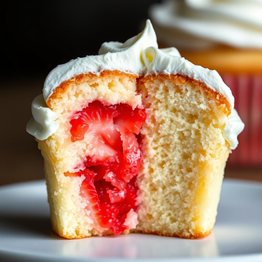 Close-up of a strawberry shortcake cupcake showing the layers of cake, strawberry filling, and whipped cream Close-up of a strawberry shortcake cupcake showing the layers of cake, strawberry filling, and whipped cream