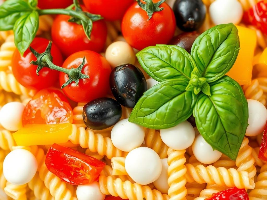 Close-up of colorful Italian pasta salad ingredients arranged for visual appeal