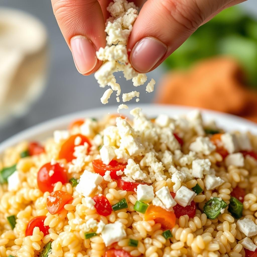Close-up of crumbled feta cheese being added to Greek orzo pasta salad