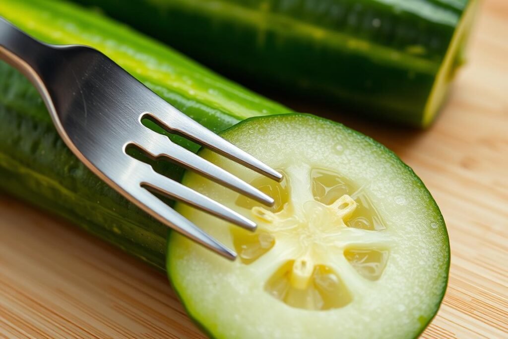 Close-up of cucumber preparation technique showing scoring with a fork Close-up of cucumber preparation technique showing scoring with a fork