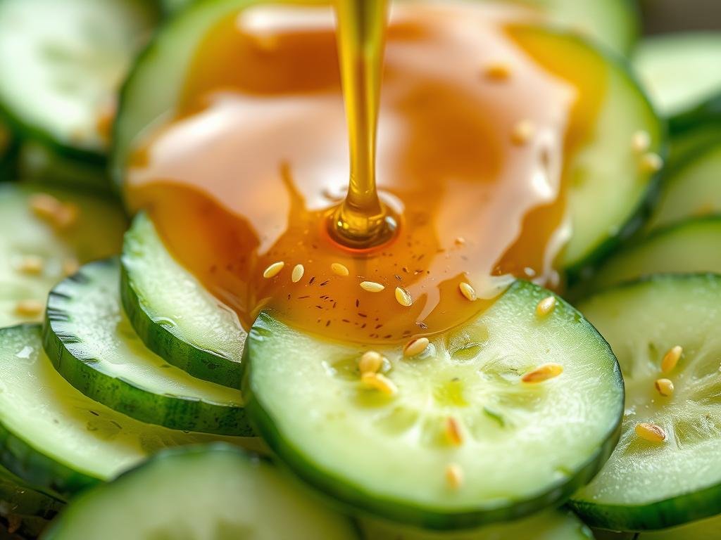 Close-up of cucumber salad dressing being poured over sliced cucumbers