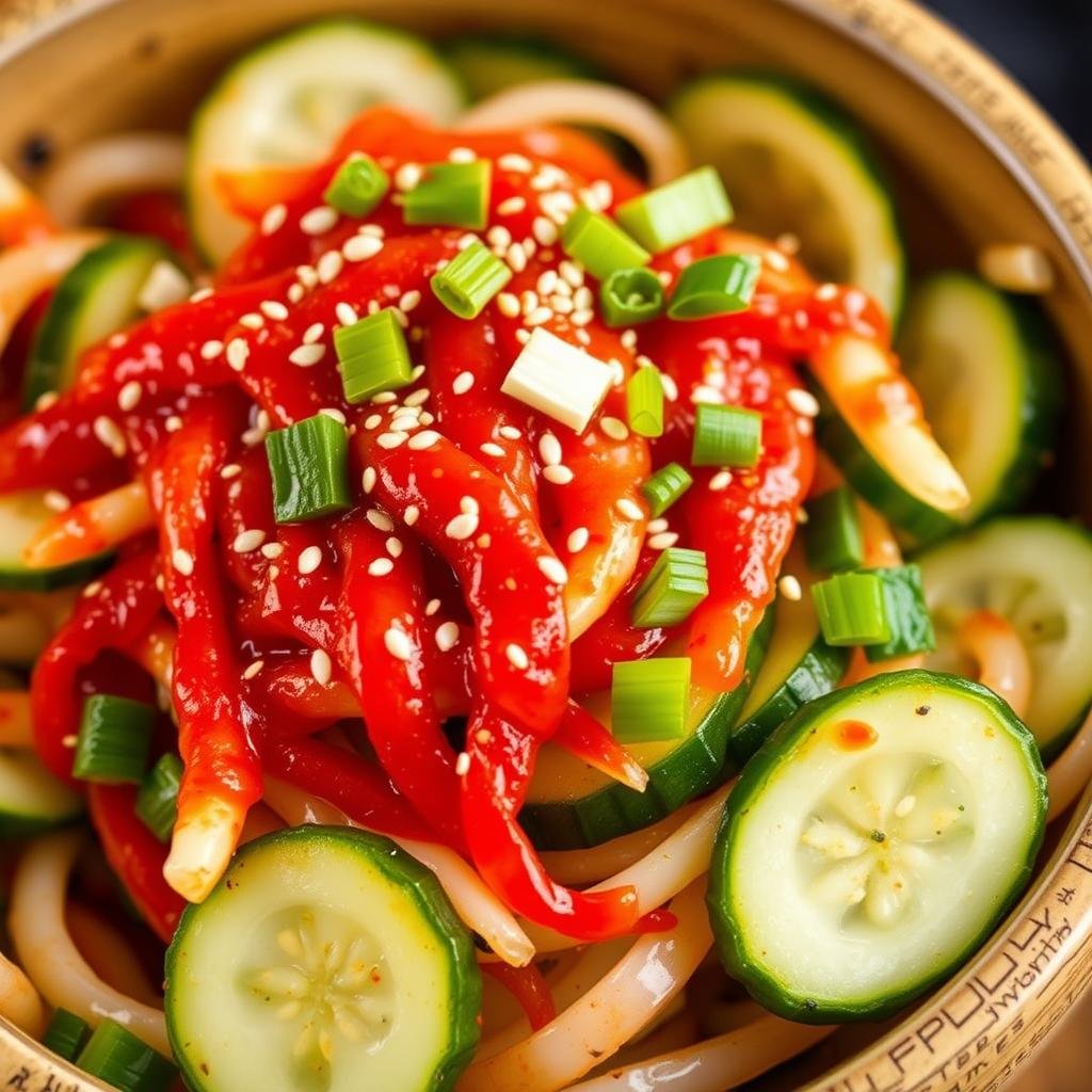 Close-up of finished korean cucumber salad in a traditional Korean serving bowl
