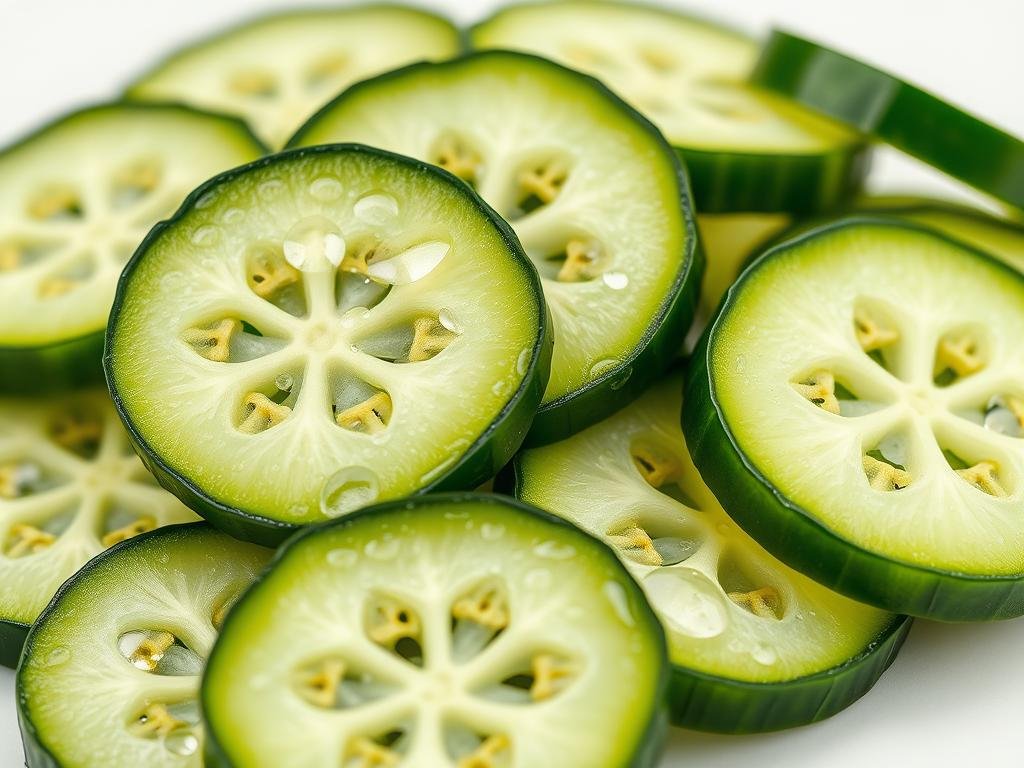Close-up of fresh cucumber slices highlighting their hydrating properties Close-up of fresh cucumber slices highlighting their hydrating properties