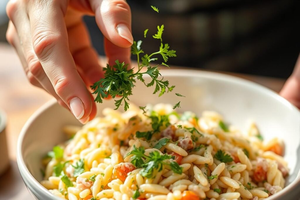 Close-up of fresh herbs being added to orzo pasta salad