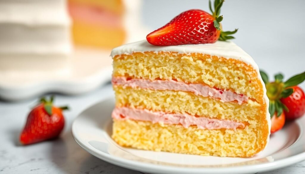 Close-up of lemon strawberry cake slice showing layers and texture