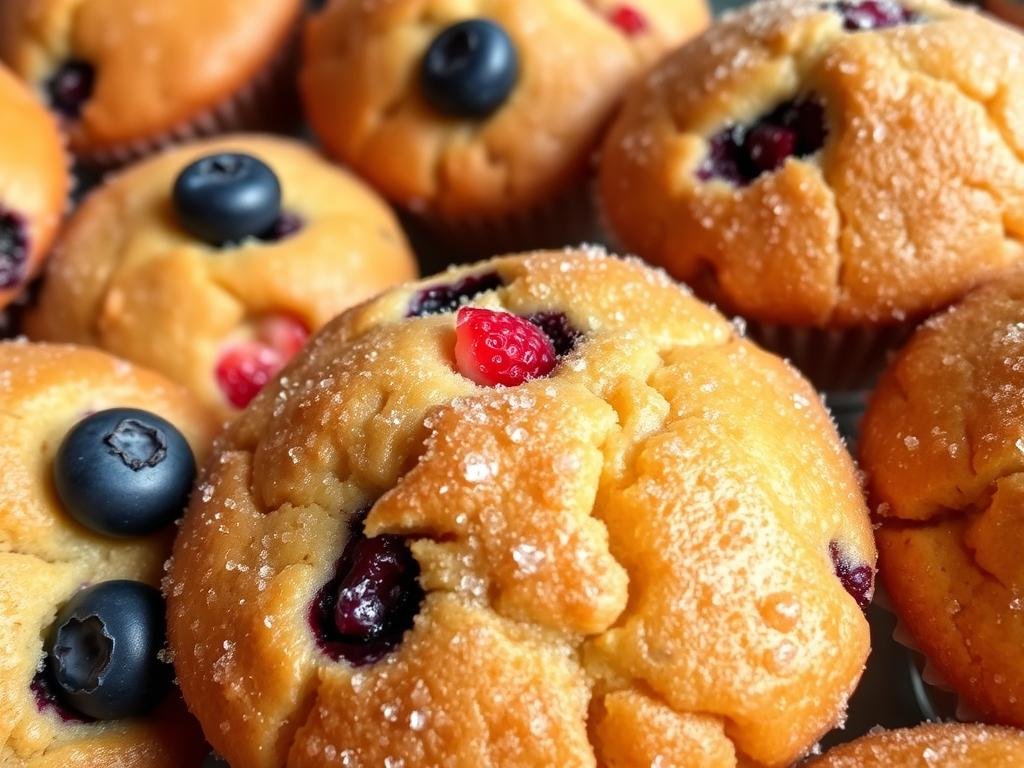 Close-up of perfectly baked strawberry shortcake blueberry muffin tops with sugar crystals