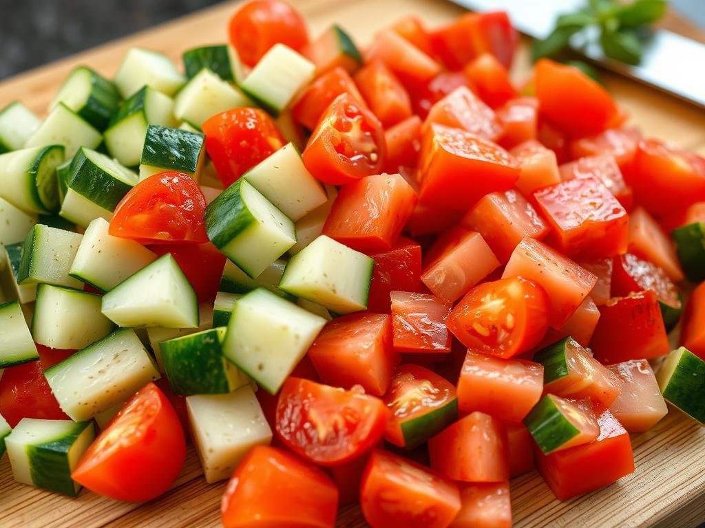 Close-up of perfectly cut cucumber and tomato pieces for Greek salad