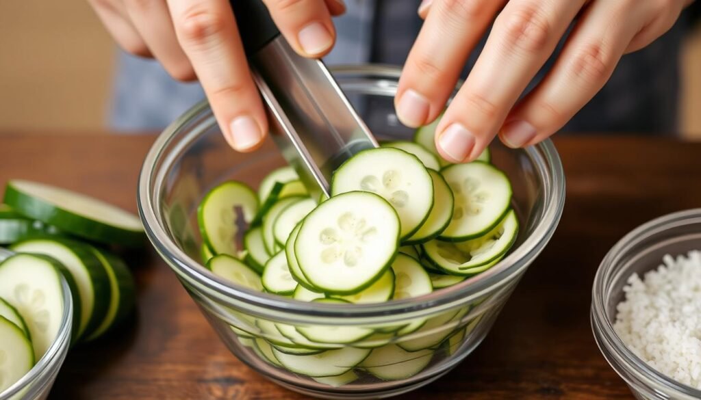 Close-up of perfectly sliced cucumbers being prepared for TikTok salad