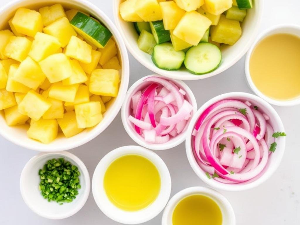 Close-up of pineapple cucumber salad ingredients in separate bowls showing the vibrant colors and textures