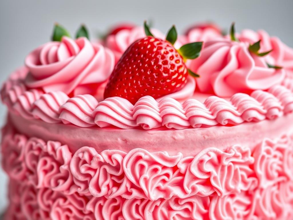 Close-up of strawberry cake with various piping techniques including rosettes and borders