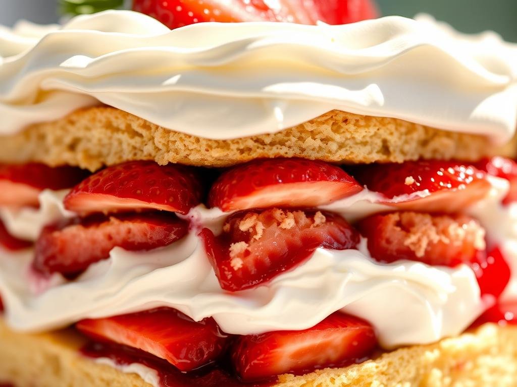 Close-up of strawberry shortcake trifle showing detailed layers with fresh strawberry garnish on top